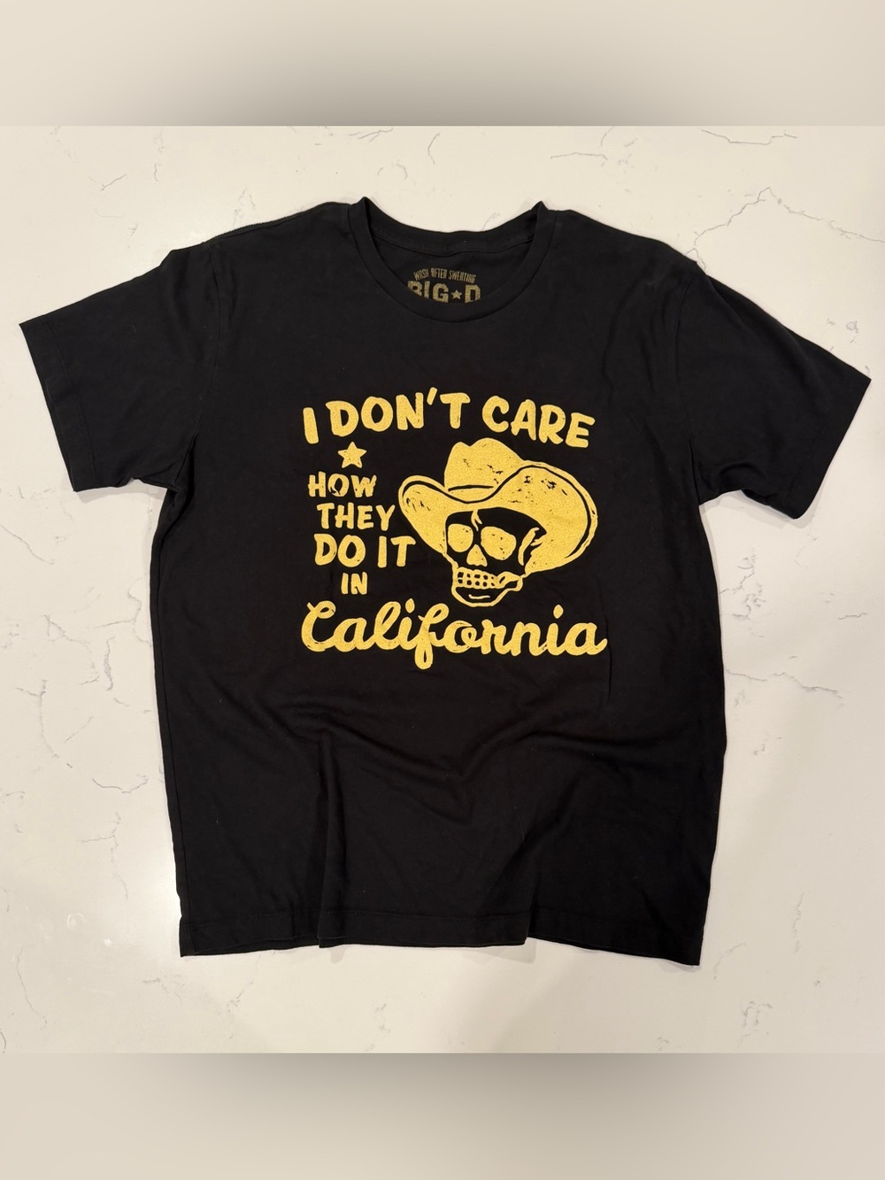 Black Graphic Tee with Yellow California Skull Print